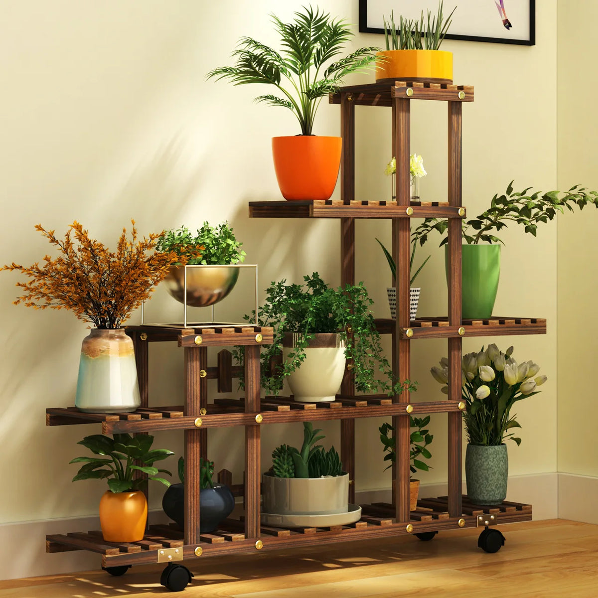 étagère plantes bois naturel barreaux horizontaux roulettes moderne pots variés decorationintérieur