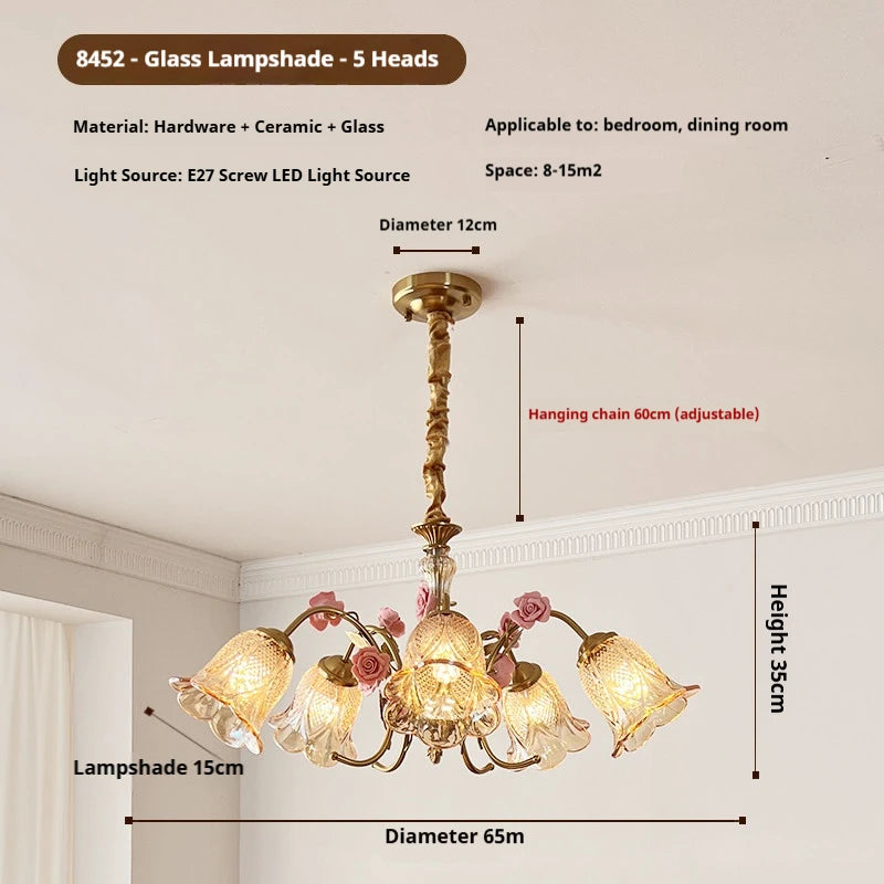 chandelier floral or rose led abat jours transparents têtes vintage