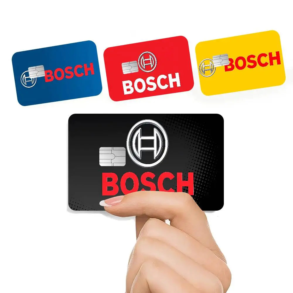 étui carte bancaire adhésif waterproof moderne logo bosch blanc fond noir points cartes crédit