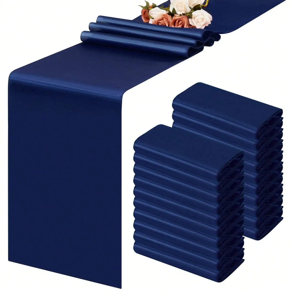 nappe table bleu marine blanche rubans satin mariage réception événementielle