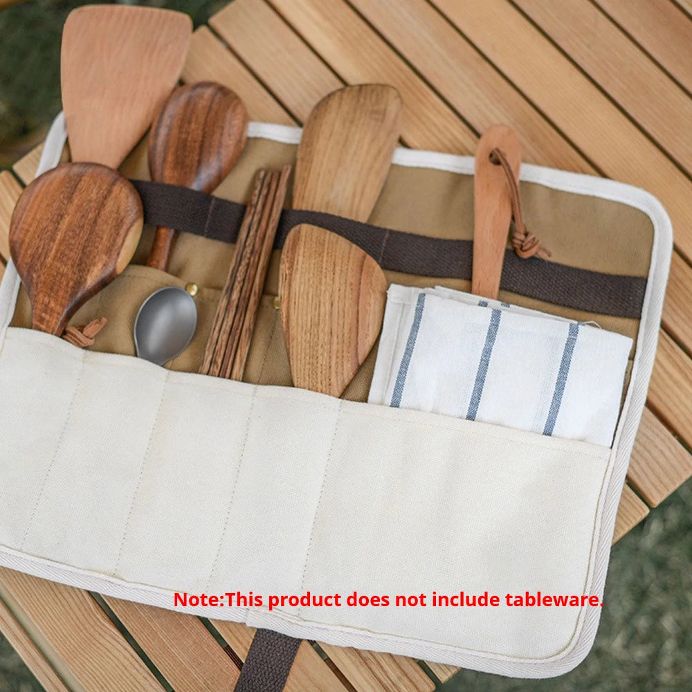 organisateur pliable ustensiles cuisine sac toile respectueux environnement sangles velcro spatules cuillères serviette rayée