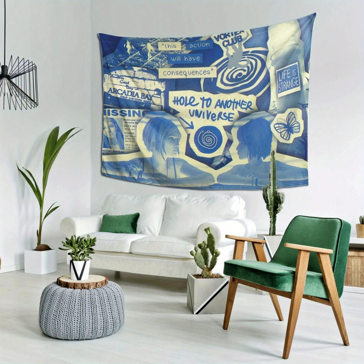 tapisserie pop art bleu blanc phrases spirales papillon faces salon chambre