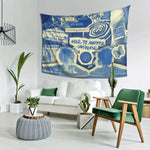 tapisserie pop art bleu blanc phrases spirales papillon faces salon chambre