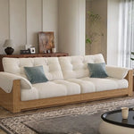 canapé lit moderne bois tissu uni beige inclinable coussins décoratifs salon minimaliste