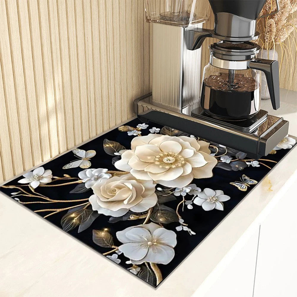 tapis cuisine moderne fleurs noires blanches dorées antibactérien 30x40cm 40x60cm 50x80cm