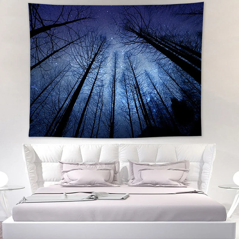 tapisserie forêt nocturne étoiles aurora borealis bleu noir blanc vertical maison chambre decoration