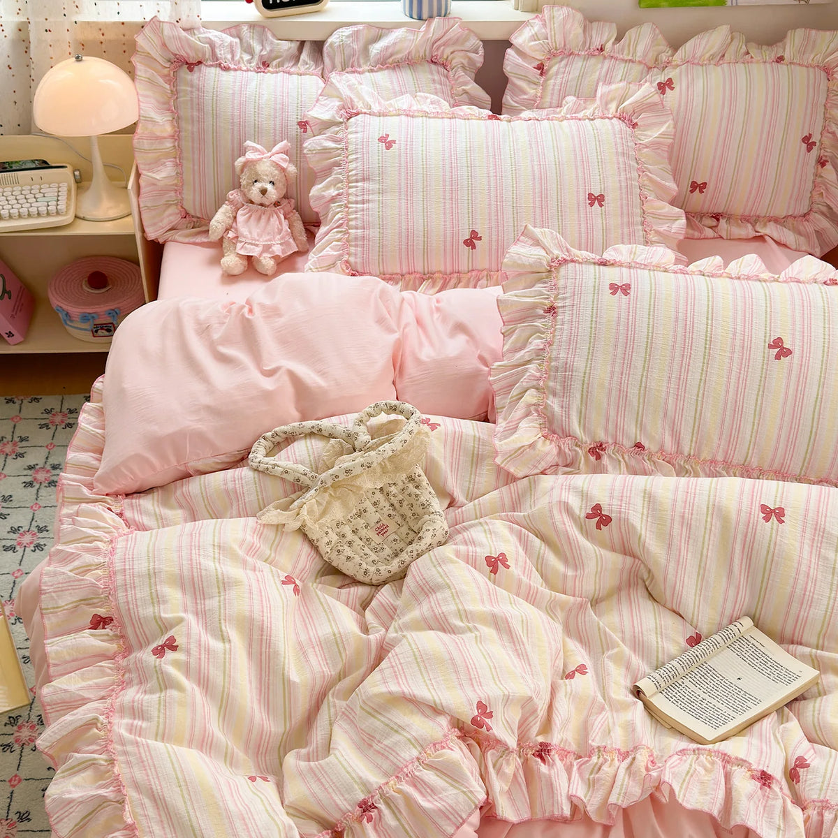 ensemble literie rose clair papillons brodés pièces housse taies d'oreiller doux romantique