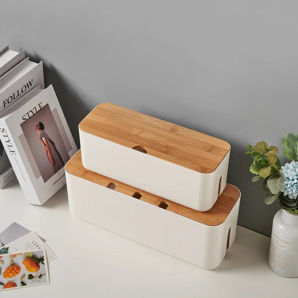 boîte rangement moderne bambou blanc noir organisation câbles horloge radio minimalistestyle