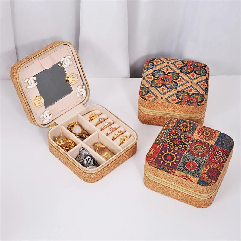 boîtes bijoux vintage zippées boho chic velours imprimé floral beige multifonctionnel porte bijoux travel