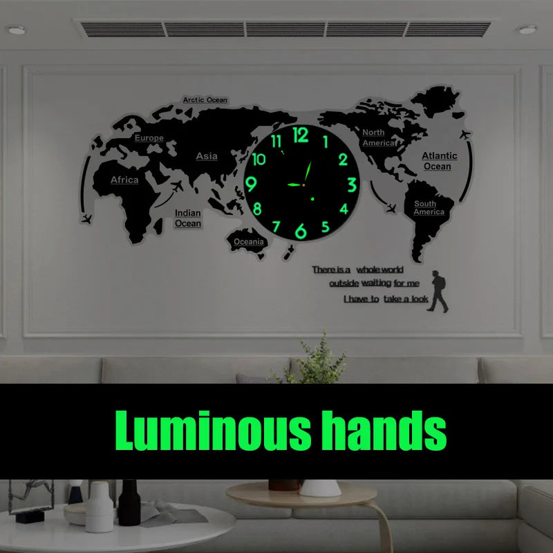 horloge murale moderne carte monde colorée aiguilles blanches textes noirs bleu noir transparent