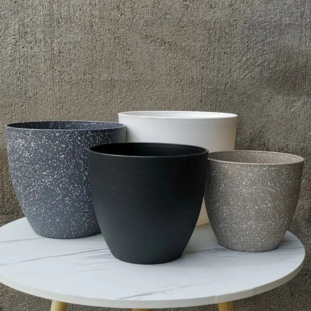 pots fleurs plastique effet terrazzo noir gris blanc modernes plantes vertesextérieur
