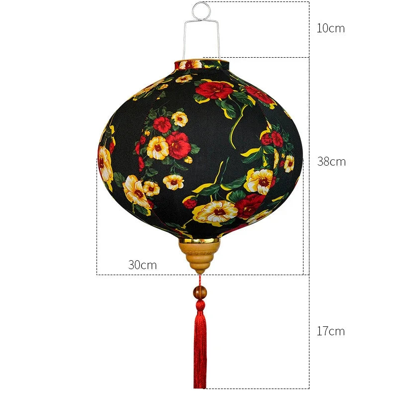 lanterne japonaise traditionnelle rouge fleurs décorative artisanale pompon bois suspendue