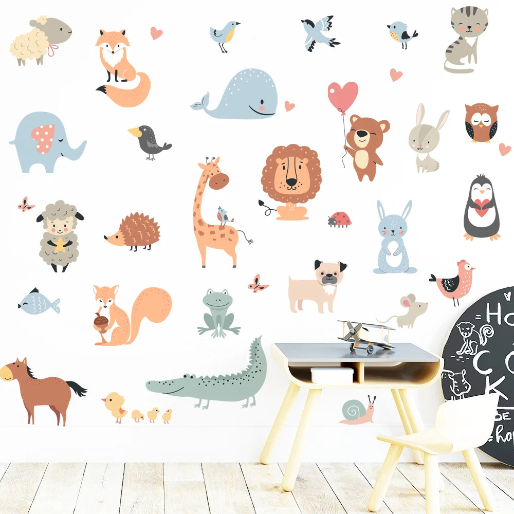 sticker mural animal dessin animé adhésif pvc bleu orange gris vert rose blanc mignon