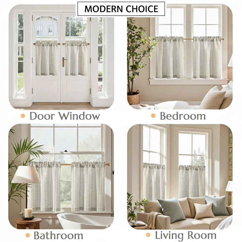 rideau tab top rayé vert clair beige classique 100% polyester opacité fenêtre intérieur 66x60cm