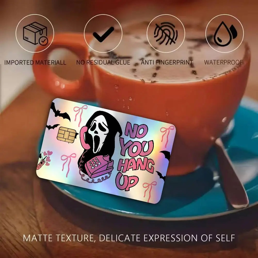 autocollants cartes bancaires effet laser pop art masques effrayants multicolores réutilisables