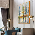 tableau abstrait paysage arbre bleu vert jaune blanc gris moderne sans cadre toile peinture