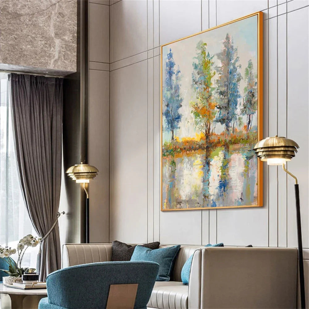 tableau abstrait paysage arbre bleu vert jaune blanc gris moderne sans cadre toile peinture