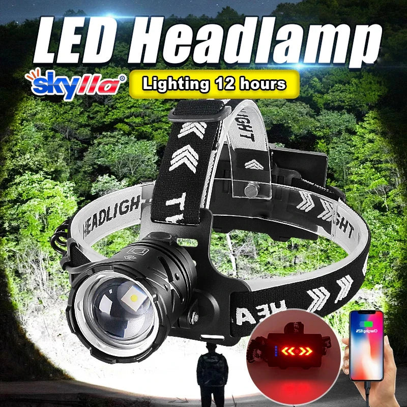 lampe frontale led noire rechargeable zoomable cordon rayures blancs moderne camping pêche