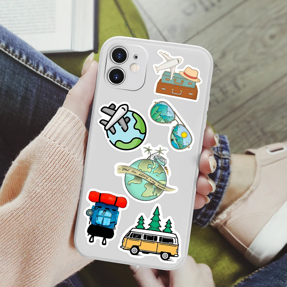 stickers voyage multicolores caméra bus avion sac dos adhésifs étanches modernes diy scrapbook téléphone