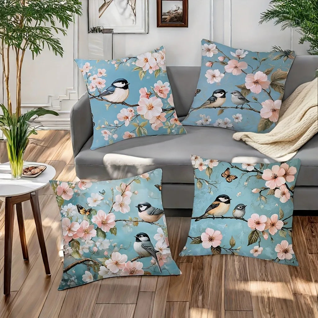 housse coussin vintage fleurs oiseaux bleu rose 45x45cm polyester opacité décoration lit voiture