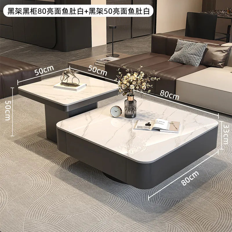 table basse carrée salon minimaliste marbre noir blanc tiroir métal solide
