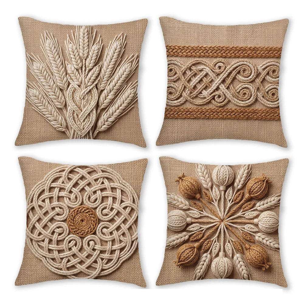 housse coussin brodée épis blé nœud celtique boho farmhouse beige rustique machine