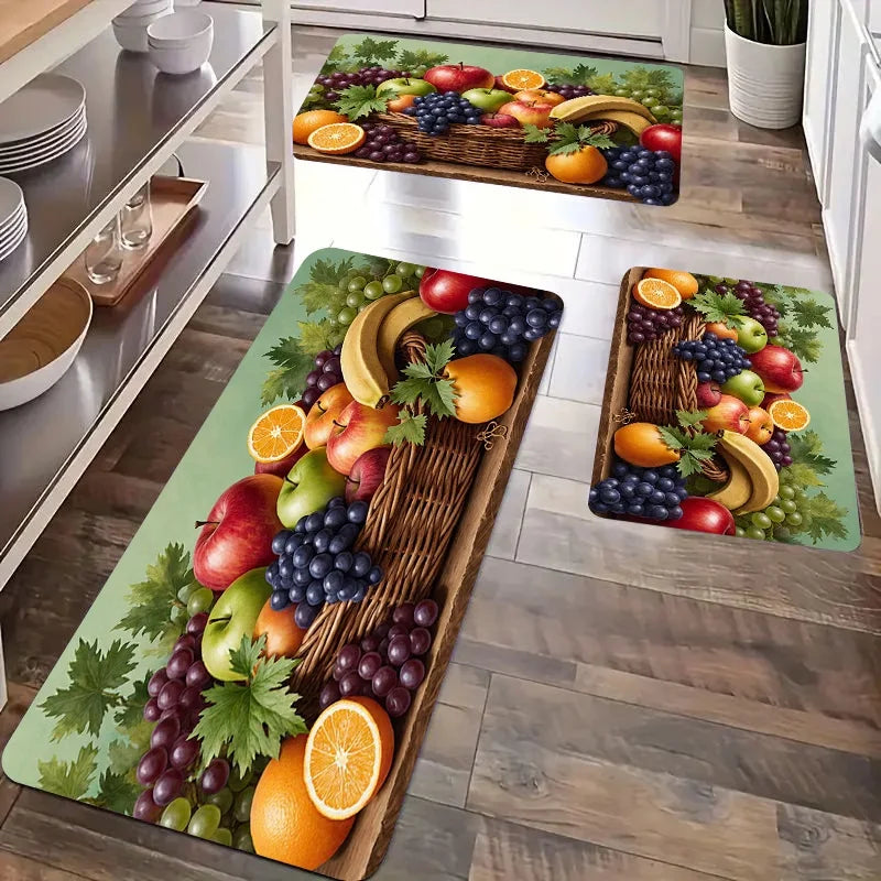 tapis sol moderne panier fruits pommes oranges raisins bananes vert polyester