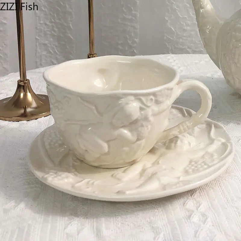 tasse céramique porcelaine ange feuilles rose blanc classique théière soucoupe couvercle