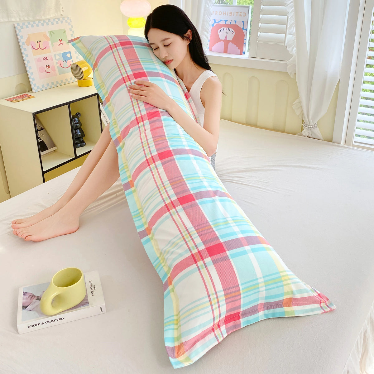 taie d'oreiller double polyester multicolore carreaux moderne hiver été 48x180cm fixations hospitalierôtel maison
