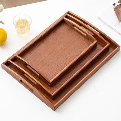 Plateau de service à thé en bois massif, design rectangulaire avec poignée