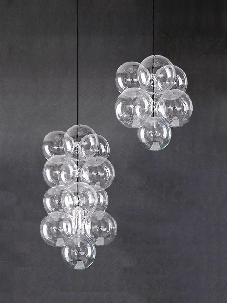 suspension lumineuse verre transparent moderne boules verre câbles acier poli led semi encastré