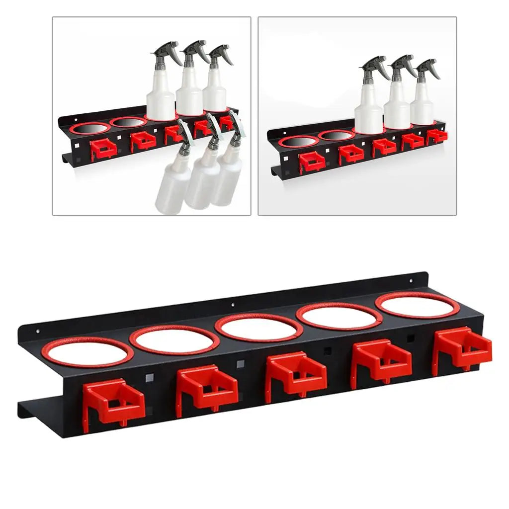 support mural bouteilles nettoyant noir rouge clips organisation garage pratique fonctionnel