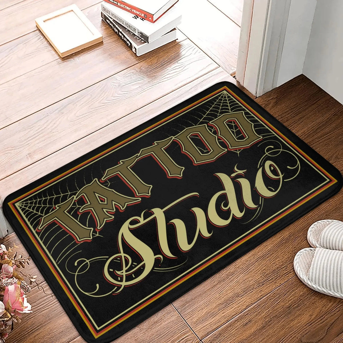 tapis sol intérieur velouté motif floral lettres dorées anti dérapant accueil entrée maison