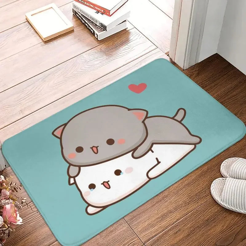 tapis sol moderne motif chat mignon mangeant nouilles rose gris blanc intérieur extérieur
