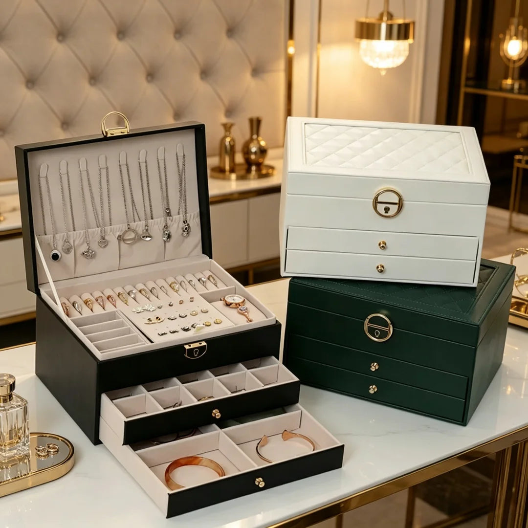 boîtes bijoux modernes élégantes compartiments cuir velours noir blanc vert rose poignées dorées