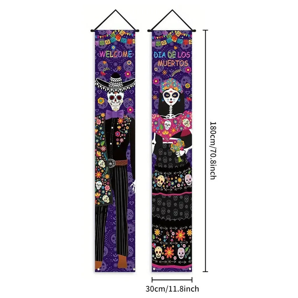 bannière suspendue halloween squelettes personnages costumés colonnes architecturales 180cm 30cm