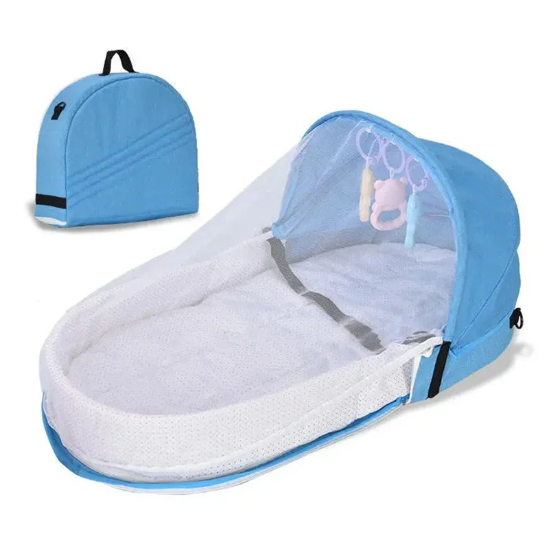 lit pliable bébé bleu clair coussin mousse filet anti moustiques porte clés jouets moderne