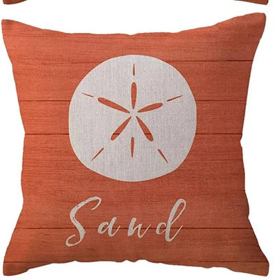 coussin carré motif marin étoile mer coquillage tortue texture lin coton orange rustique