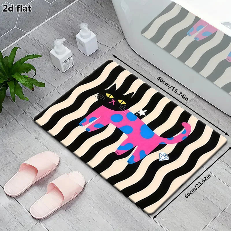 tapis moderne graphique chat dessin animé noir blanc rose bleu gris antidérapant polyester feutre