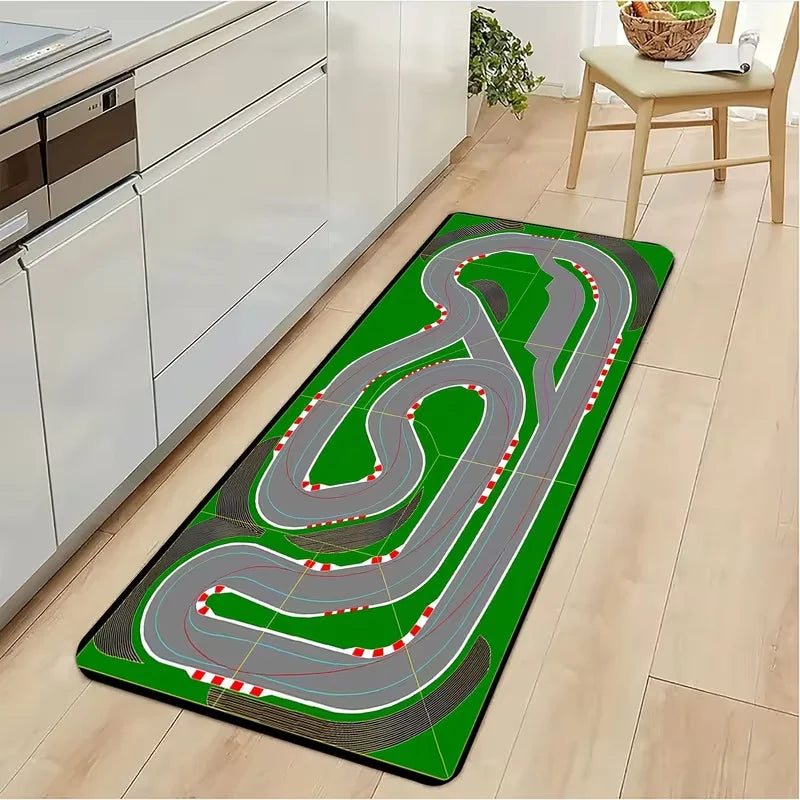 tapis moderne circuit automobile motifs paysagers doux antidérapant vert gris rouge