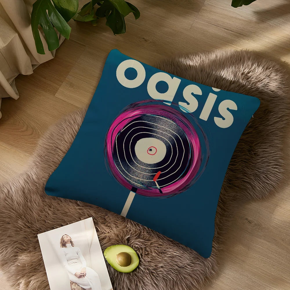 taie d'oreiller carrée 40x40cm polyester imprimé oasis knebworth 1996 rock pop disco vinyl spiral