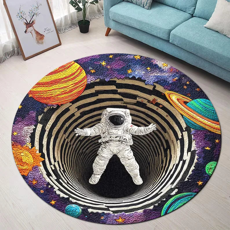 tapis rond lune astronaute galaxie moderne gris noir floral 80x80cm 120x120cm salon chambre