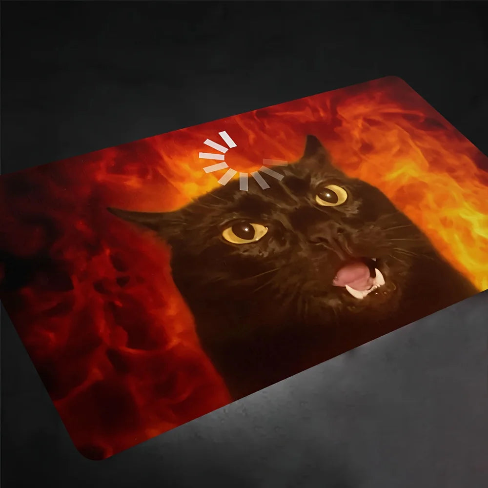 tapis jeu cartes chat noir flammes antidérapant durable humeur simple art 35x60cm