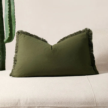housse coussin boho décoration vert olive frange moderne 30x50cm 45x45cm 50x50cm polyester douce