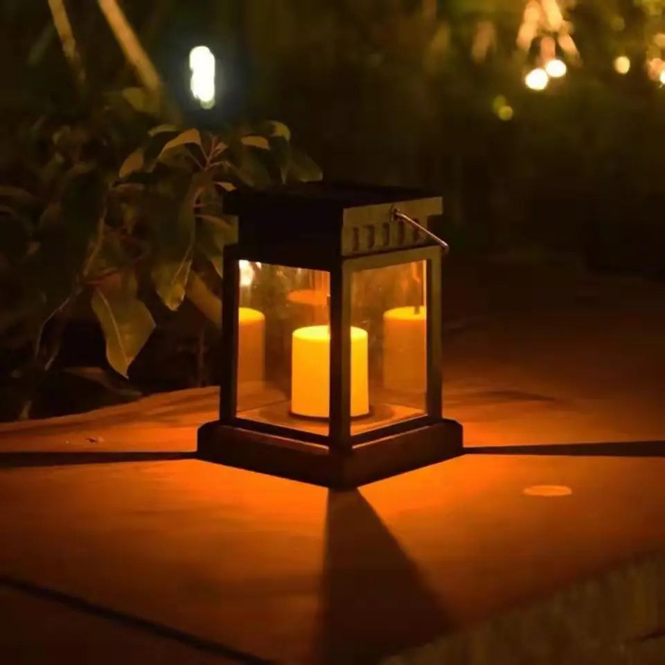 lanterne solaire transparente effet gouttes pluie vintage anneau métallique bougie blancheextérieur nuit camping jardin