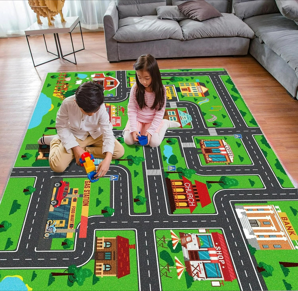 tapis moderne ville routes enfants vert bleu blanc décoratif chambre salon jouer parent enfant