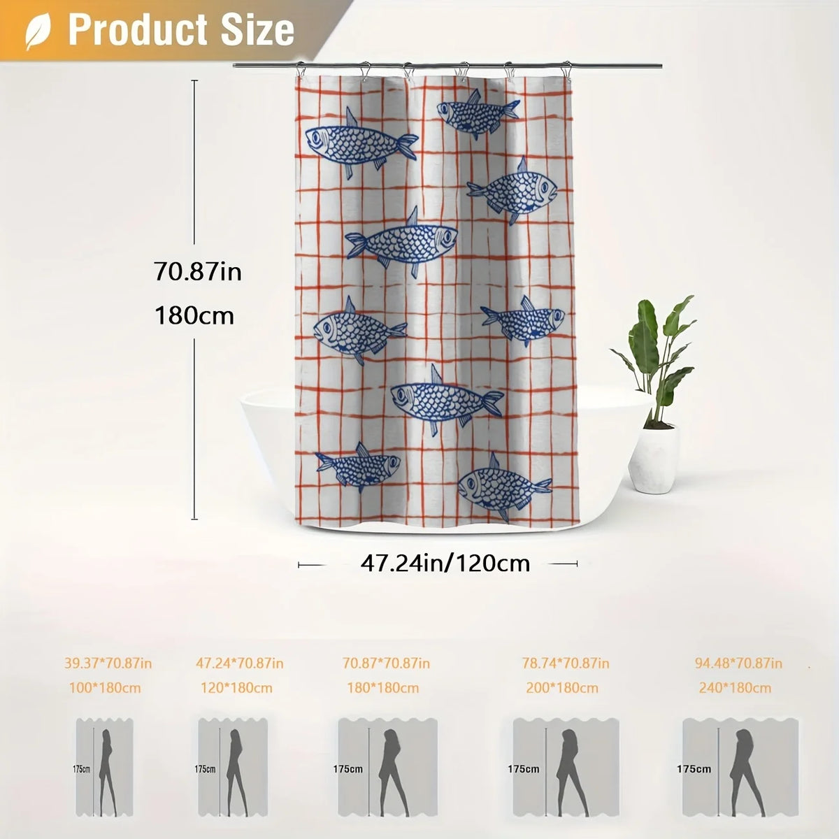 rideau douche moderne poissons bleus carreaux rouges polyester blancs 180x120cm transparent anneaux métalliques