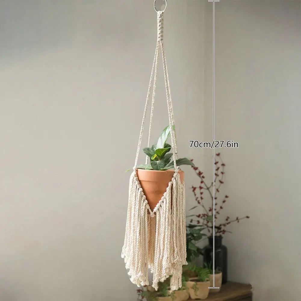Suspension plante macramé boho blanc cassé anneaux métalliques pot fleurs non decoration