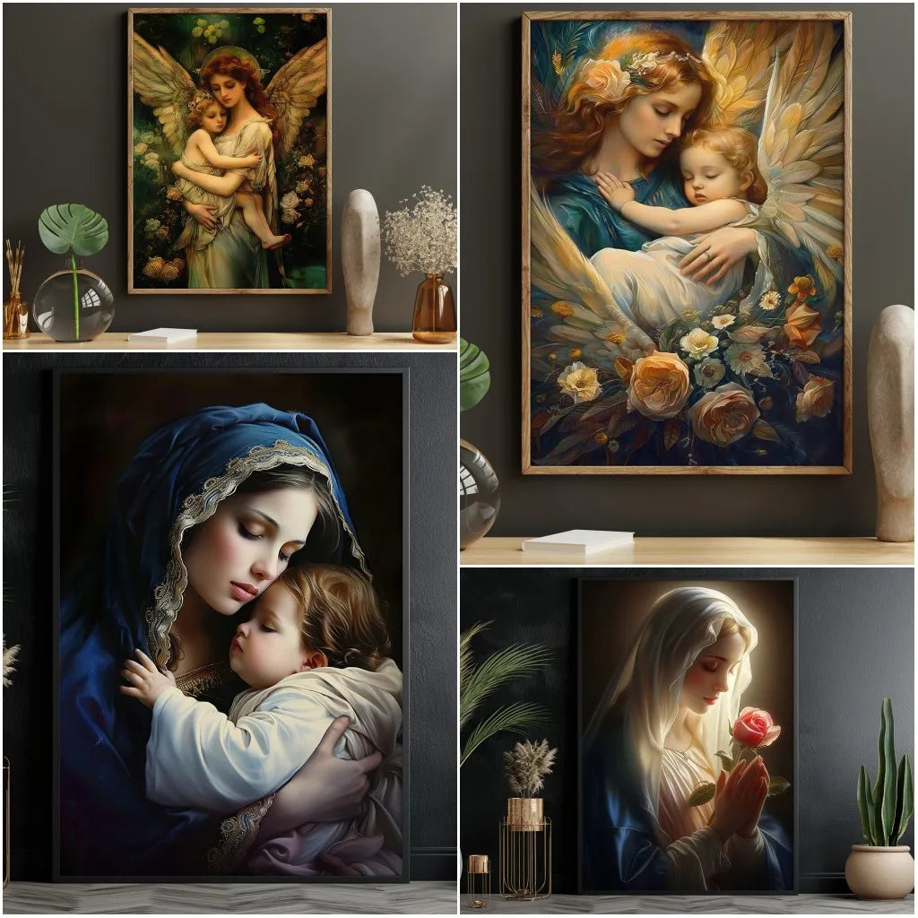tableau peinture toile religieux jesus marie fleurs anges cadre bois décoration mur salon chambre