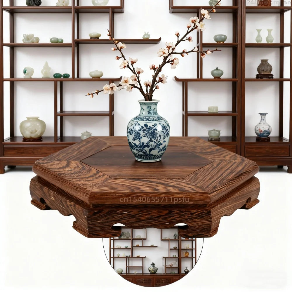 présentoir bois hexagonal support plantes décoration traditionnelle orchidées bouddha cendrier encens marron grain naturel